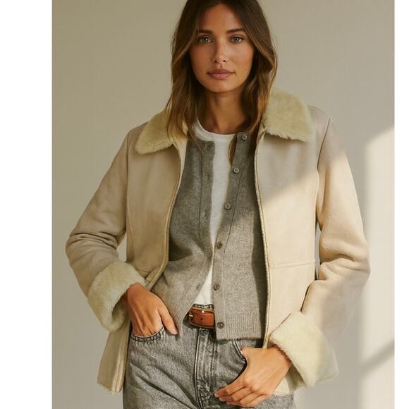 Y2K Guess Cream Genuine Suede Coat Faux Fur Lined Collar 90s Minimalist Small - Picture 2 of 13